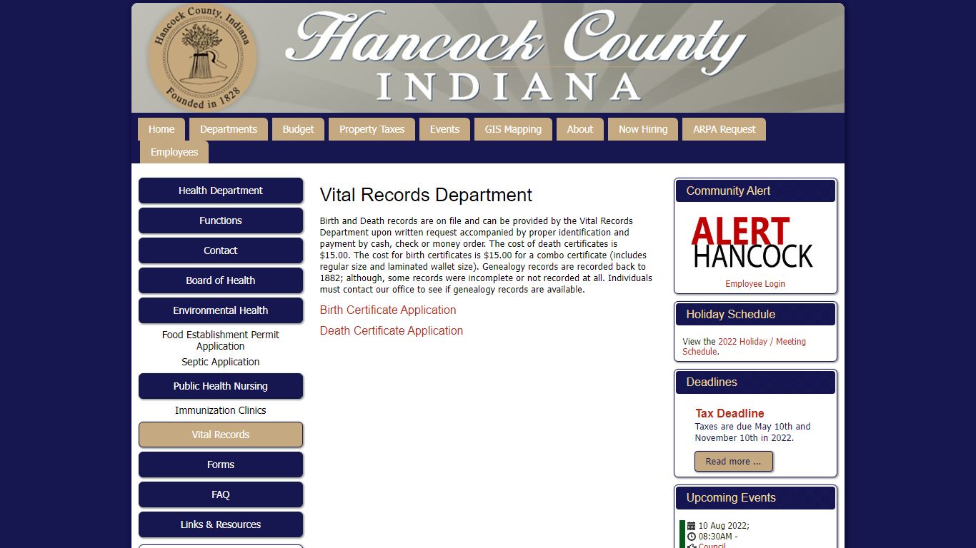 Vital Records - Hancock County, Indiana