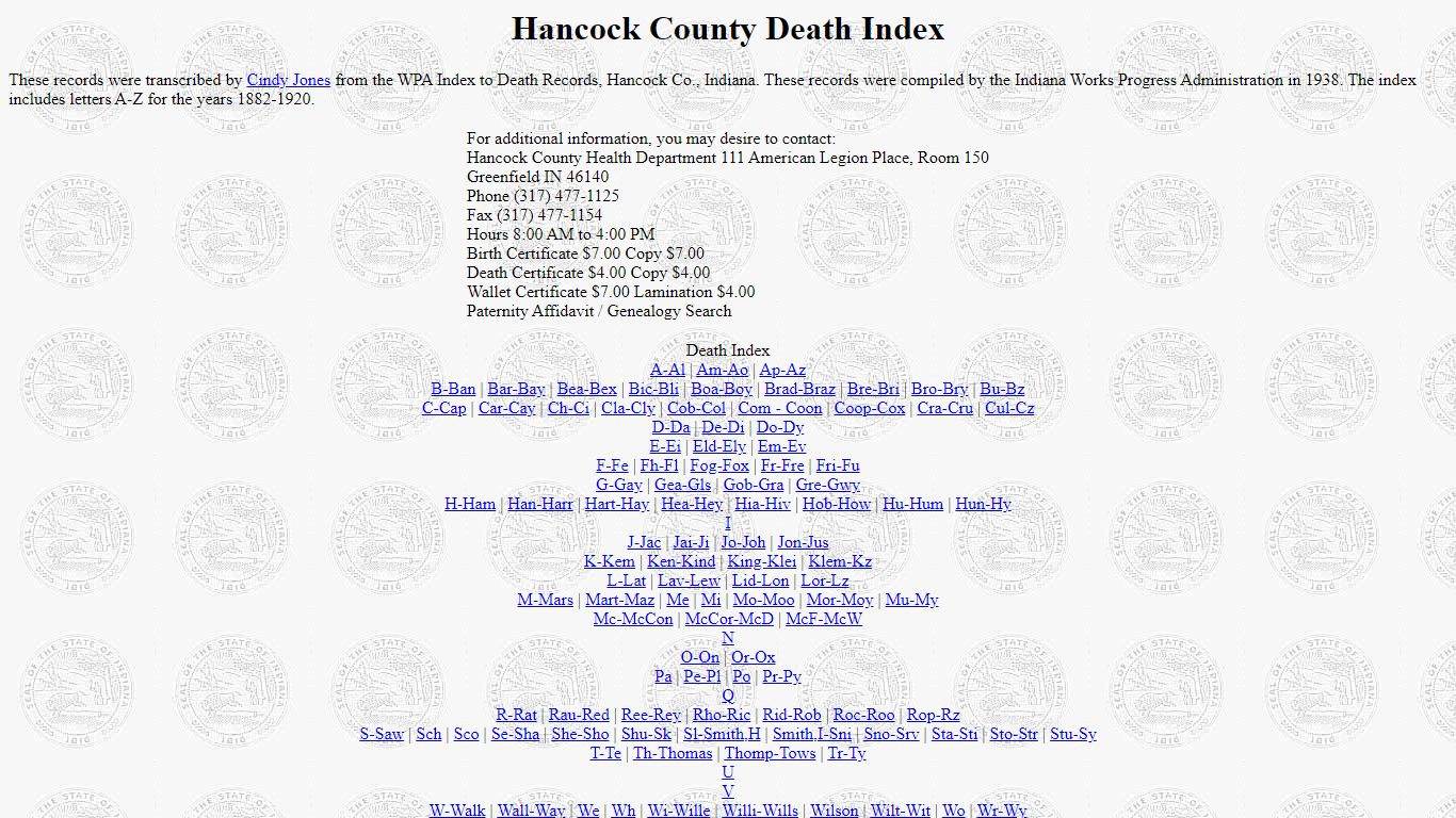 Hancock County Death Index - rootsquest.com