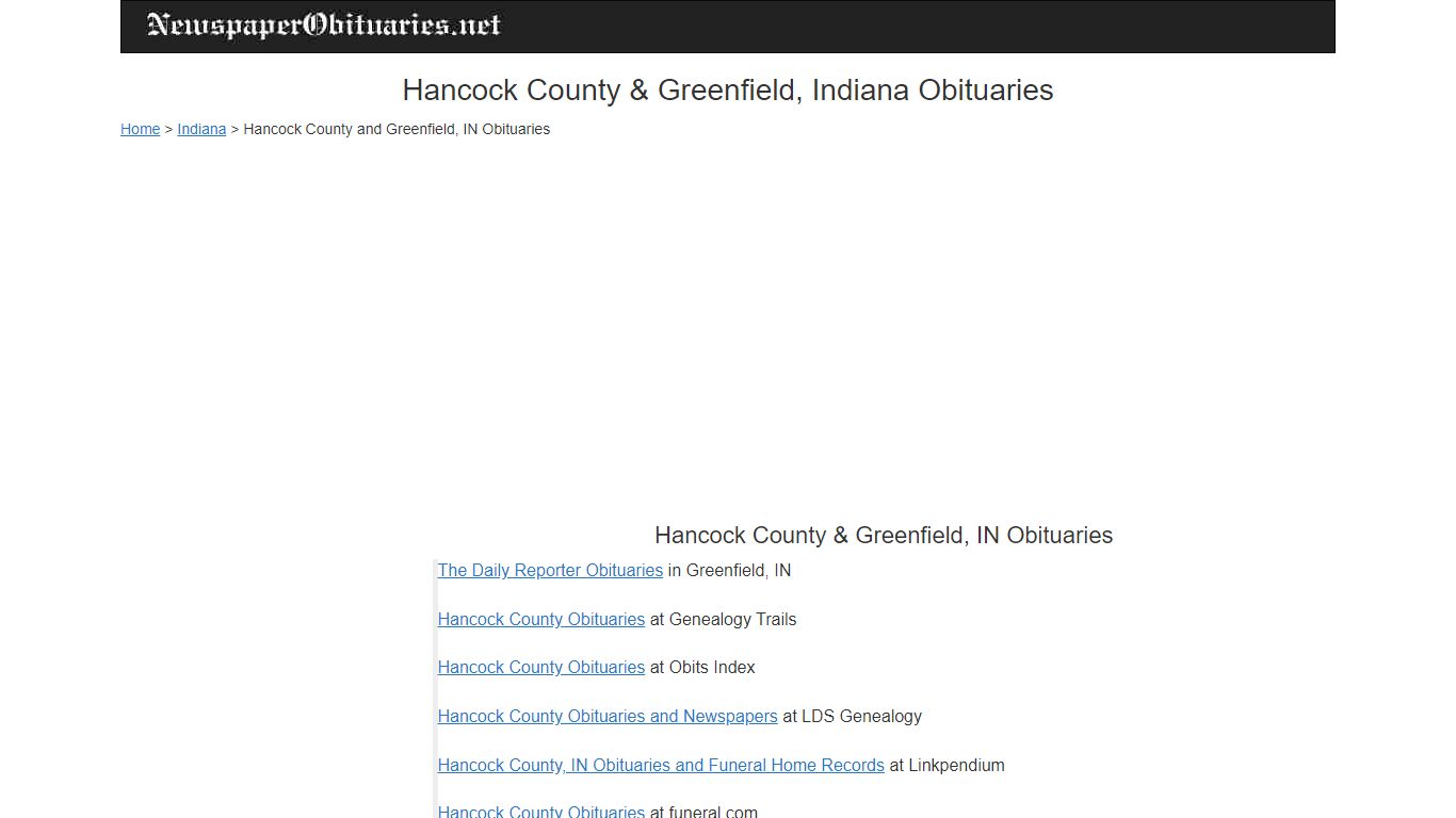Hancock County and Greenfield, Indiana Obituaries